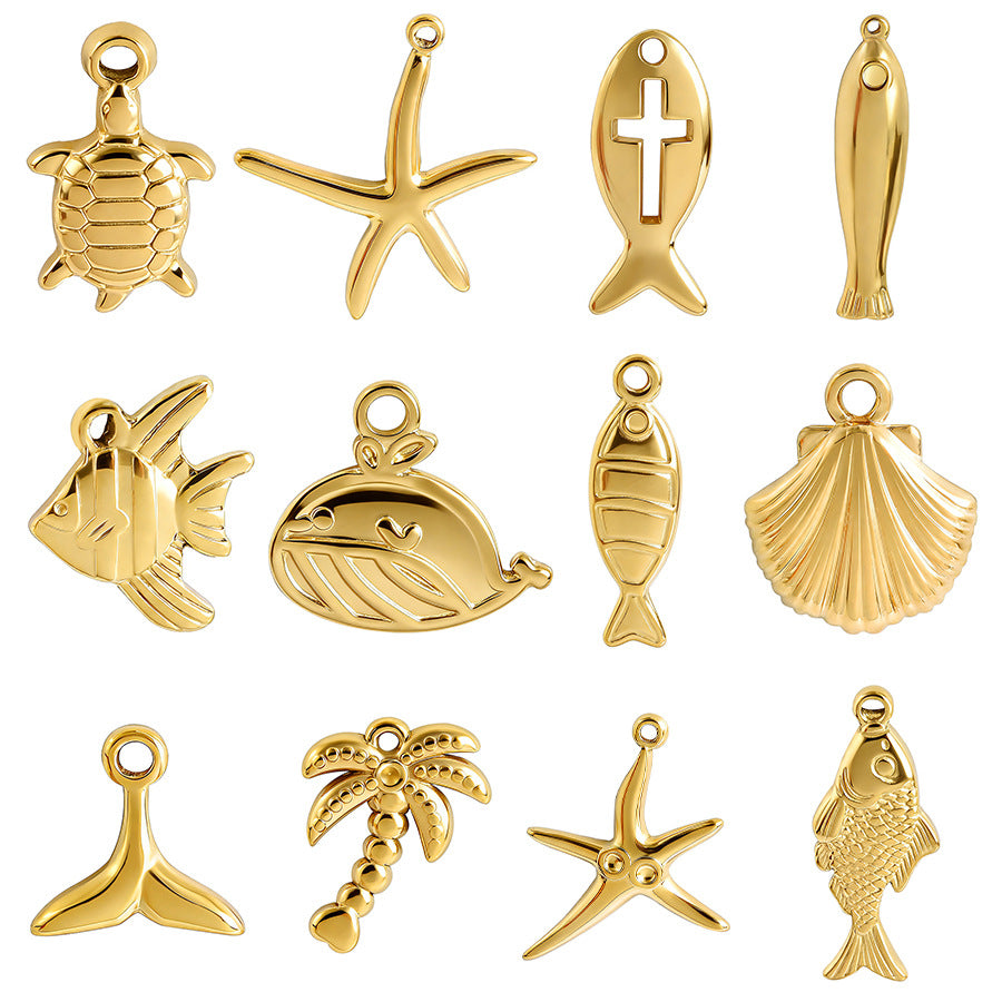 Aoxsie 12pcs Stainless Steel Sea Beach Summer Starfish Turtle Fish Charms Pendant Set